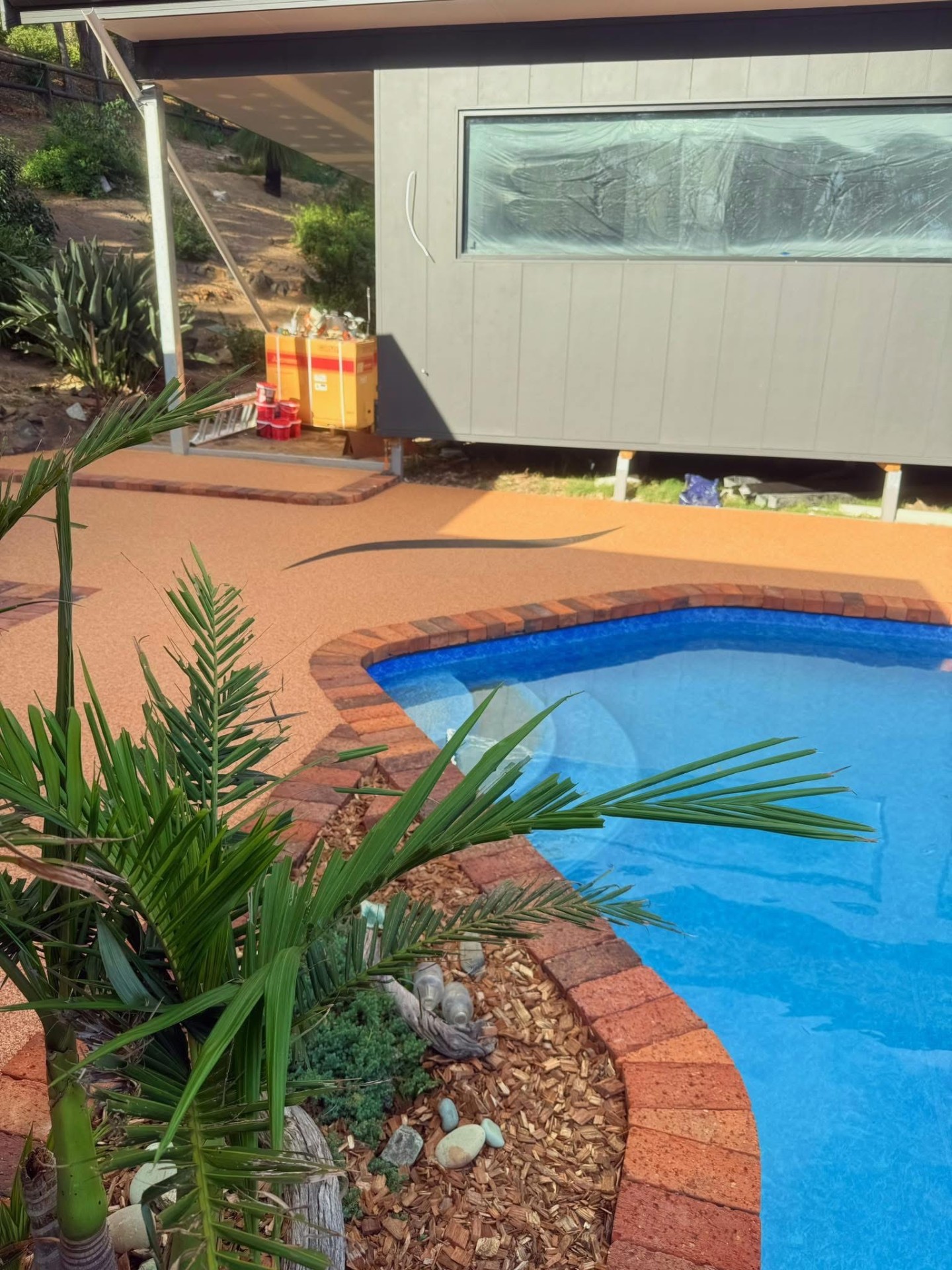 Resin bound pool deck with palm trees